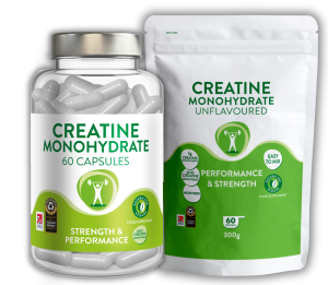 Creatine monohydrate capsules in bottle next to creatine monohydrate powder sachet.
