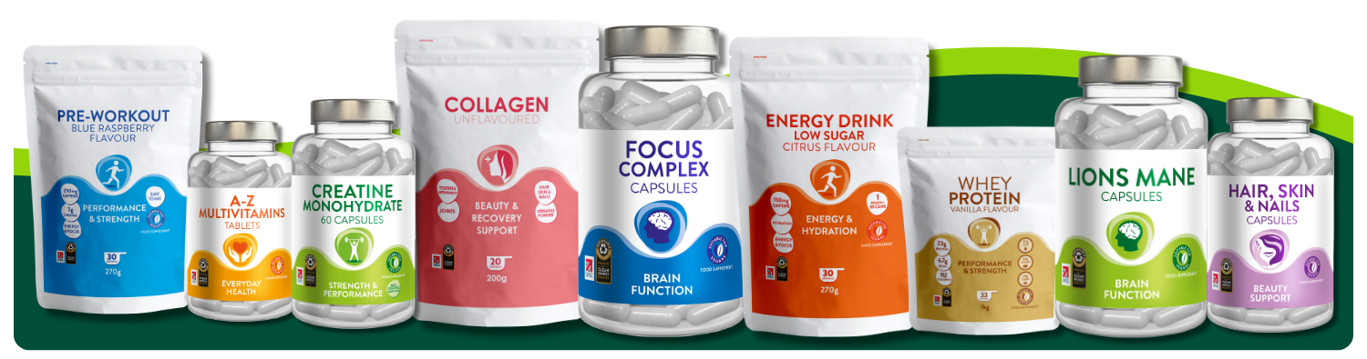Parkacre standard products in order: blue raspberry pre-workout, A-Z multivitamin tablets, creatine monohydrate capsules, collagen powder, focus complex capsules, energy drink powder, whey protein powder vanilla flavoured, lions mane capsules, hair, skin and nails capsules