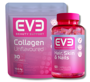 eve beauty support collagen powder packet next to hair skin and nails capsule bottle