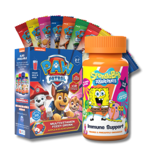 nickelodeon licensed brands: paw patrol box next to spongebob bottle