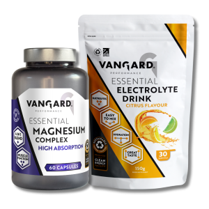Vangard magnesium capsules next to vangard electrolyte powder